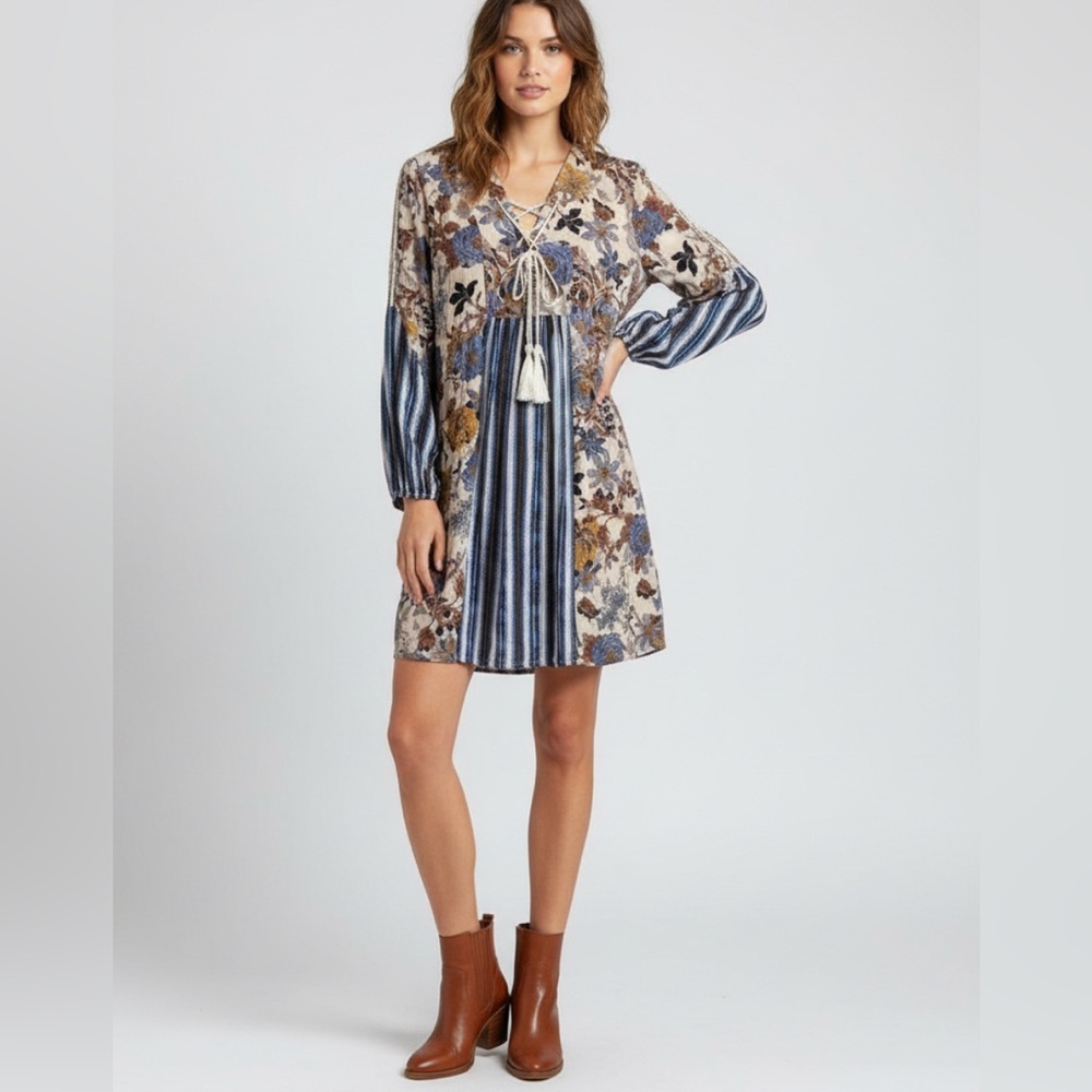 Boho Mixed Print Floral Stripe Tunic Mini Dress Tassel Lace-Up Casual Size Med